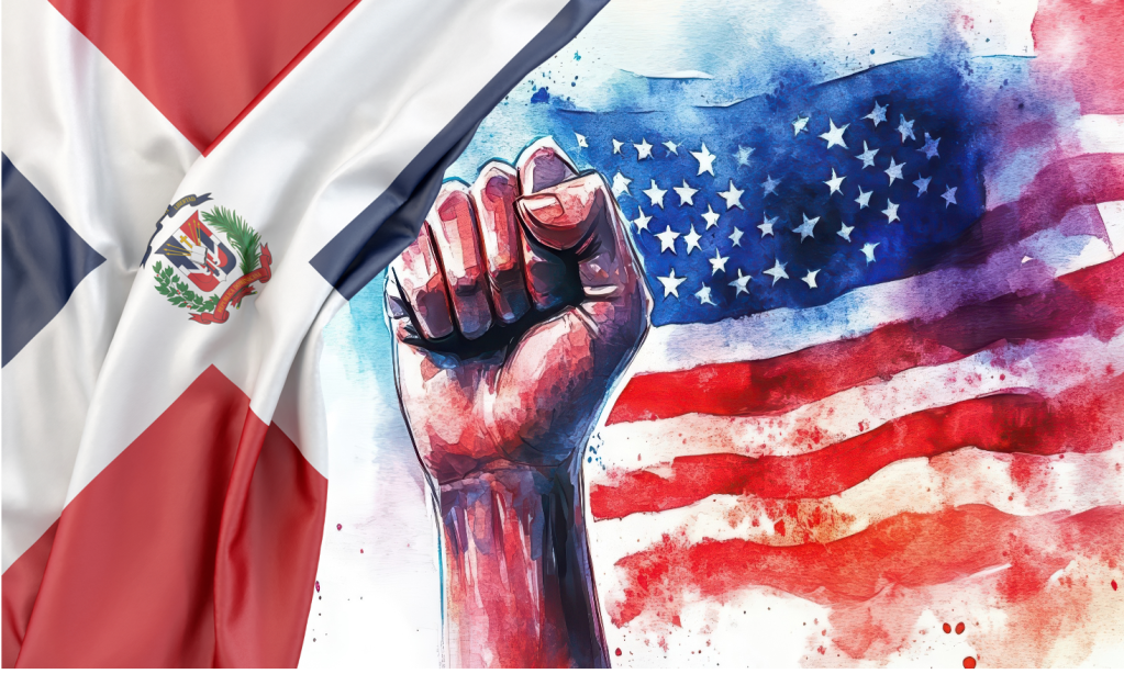 An image of the Dominican flag on the left, a raised fist in the middle, and the American flag on the right. Created using Adobe Photo Stock Licensed work by Yalidy Matos.